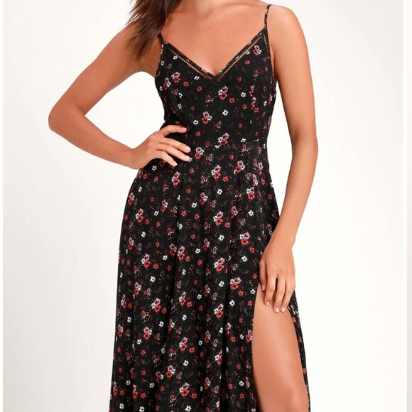 Lulus Esperanza Black And Pink Floral Print Midi Dress - Picture 3 of 3